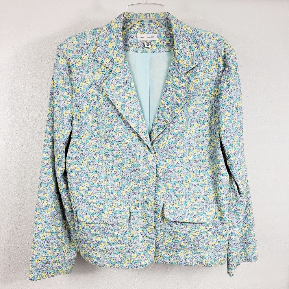 David Brooks Women's XL Blue Floral Lined Snap Close Pockets Coat Jacket